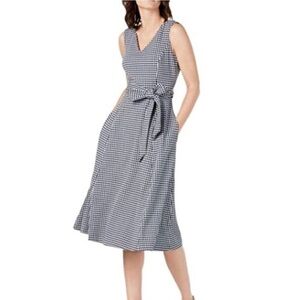 Calvin Klein Women’s Gingham Preppy Sleeveless Tie Waist Midi Dress Size 10 Exc!